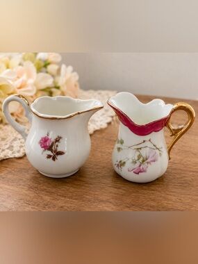 Vintage Mini Porcelain Creamer Lot Cagoco Ceramics Japan Floral Gold Pitcher Set
